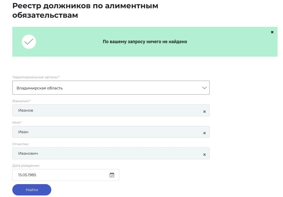 В реестре не числится Иванов Иван Иванович, рожденный 15 мая 1985 года и зарегистрированный во Владимирской области. 